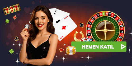 kadın, casino objeleri ve hemen katıl butonu olan afiş
