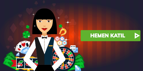 animasyon kadın, casino elementleri ve hemen katıl butonu olan afiş